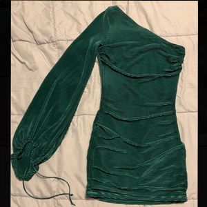 Green pleaded / ruched one shoulder long sleeve mini party dress lucy in the sky
